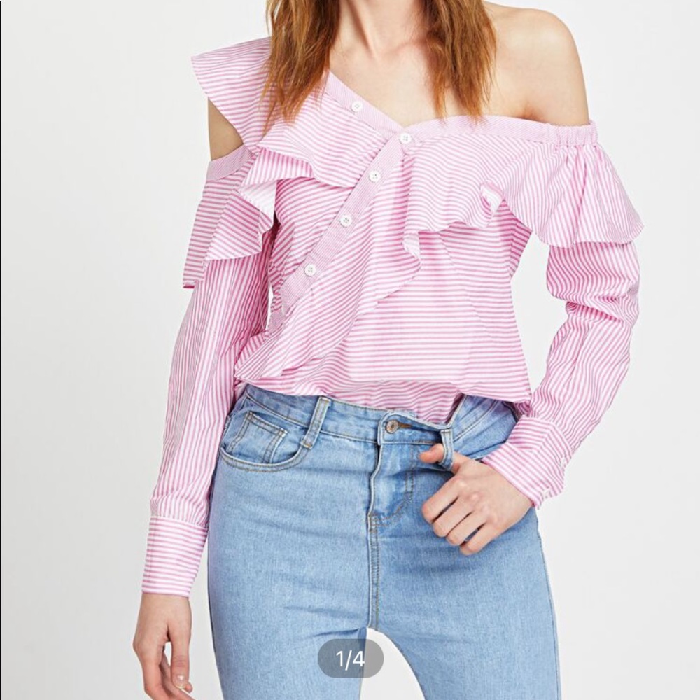 Striped off shoulder asymmetric placket frill top